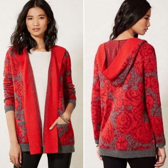 Anthropologie Sweaters - Sparrow Maraschino Red Roses Hood Cardigan F19